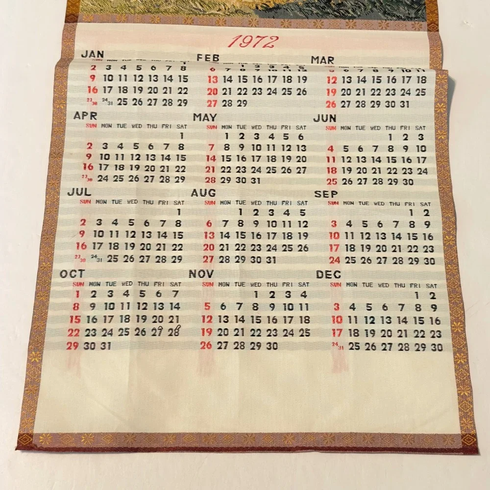 Vintage 1972 Asian Silk Woven Scroll Calendar The Gleaners Tapestry Wall Hanging